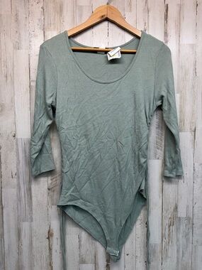 Adara Womens Bodysuit Large NWT Green Waffle Knit Long Sleeve